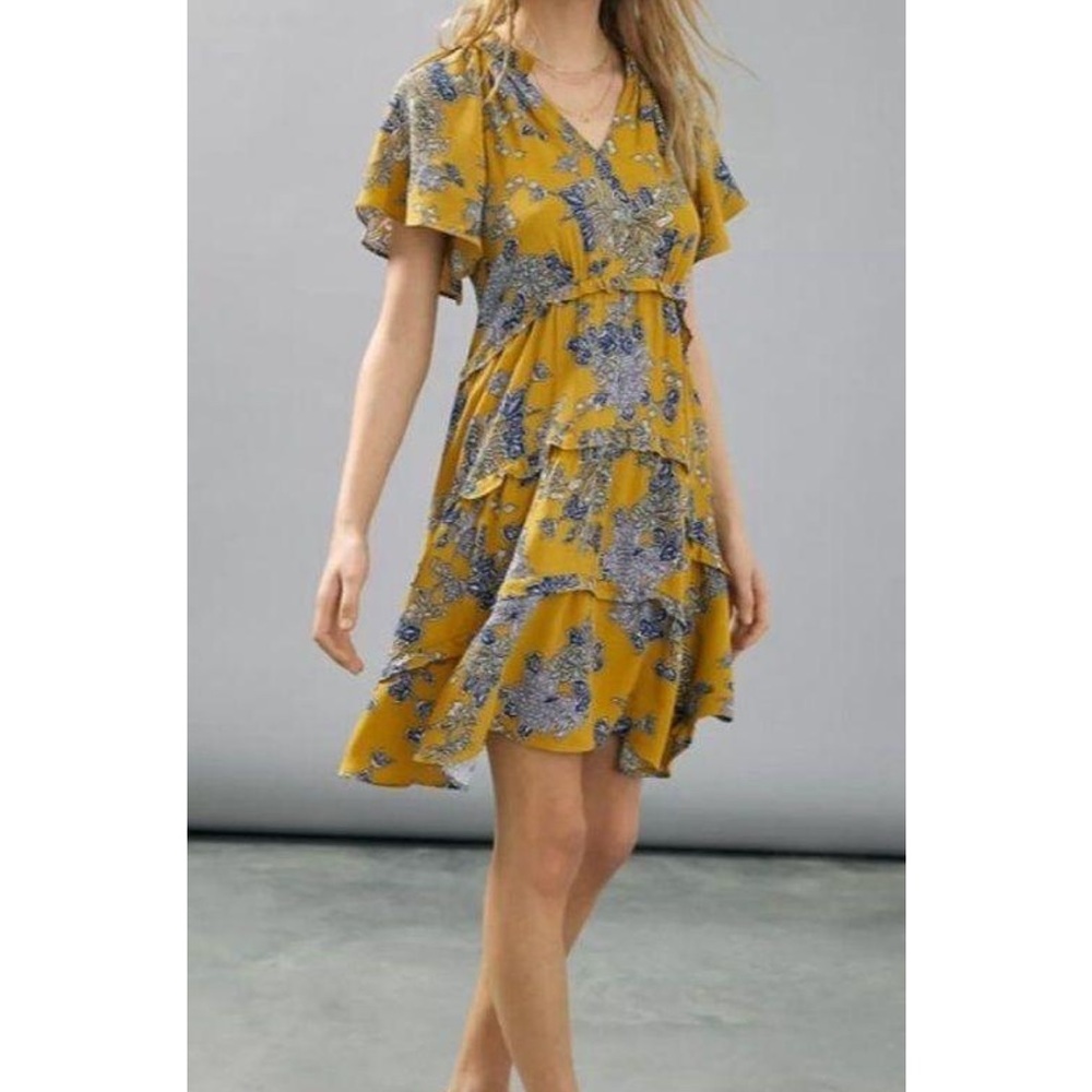 By‎ Anthropologie Gold Mustard Yellow & Blue Robin Floral Tiered Viscose Dress S